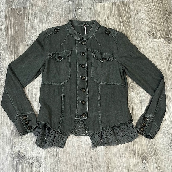 Free People XS Green Emilia Utility Military Blazer Jacket Urban Outfitters - Picture 2 of 15